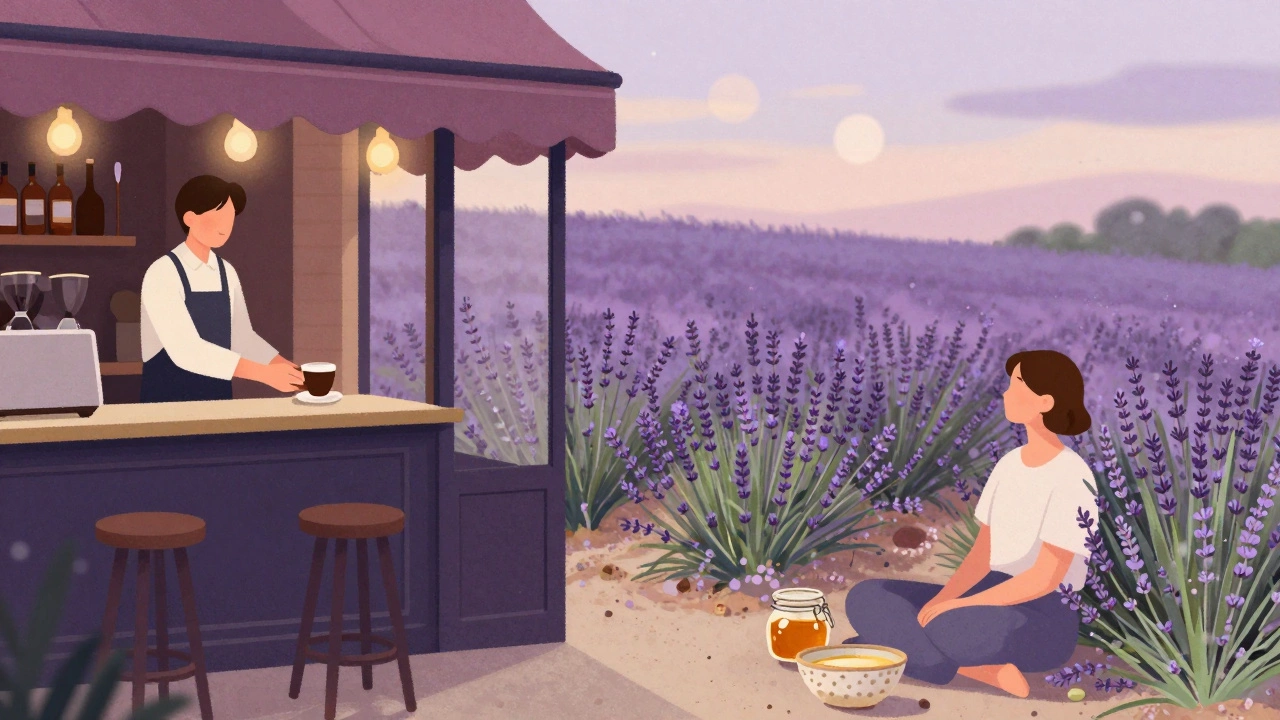 A peaceful contrast between a Parisian café moment and a lavender field at dusk, symbolizing France&#039;s quiet joys.