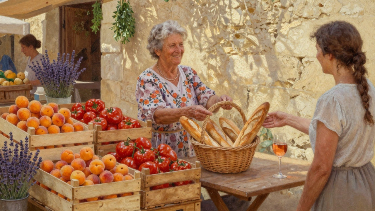 An elderly woman selling fresh apricots at a vibrant Provence market surrounded by baskets of bread and local produce.